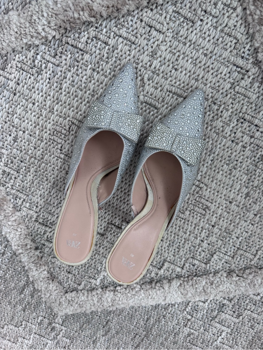 Zara Silver Pointed Crystal Bow Slip-On Mules
